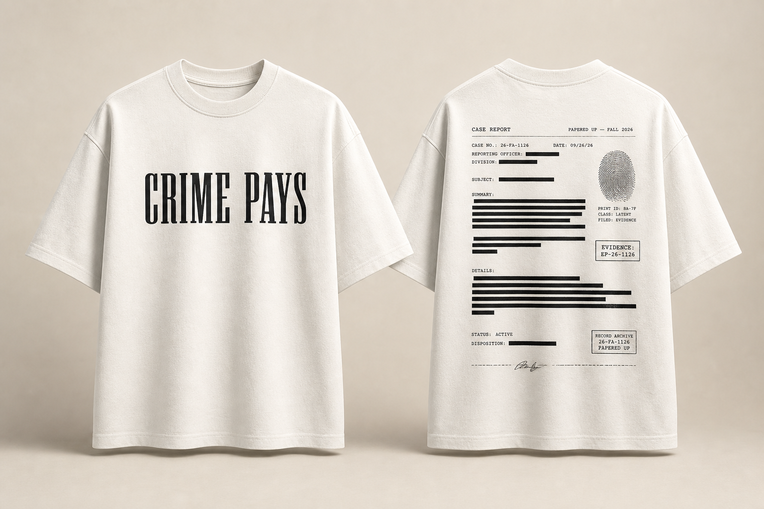 Crime Pays Case Report Tee, front and back